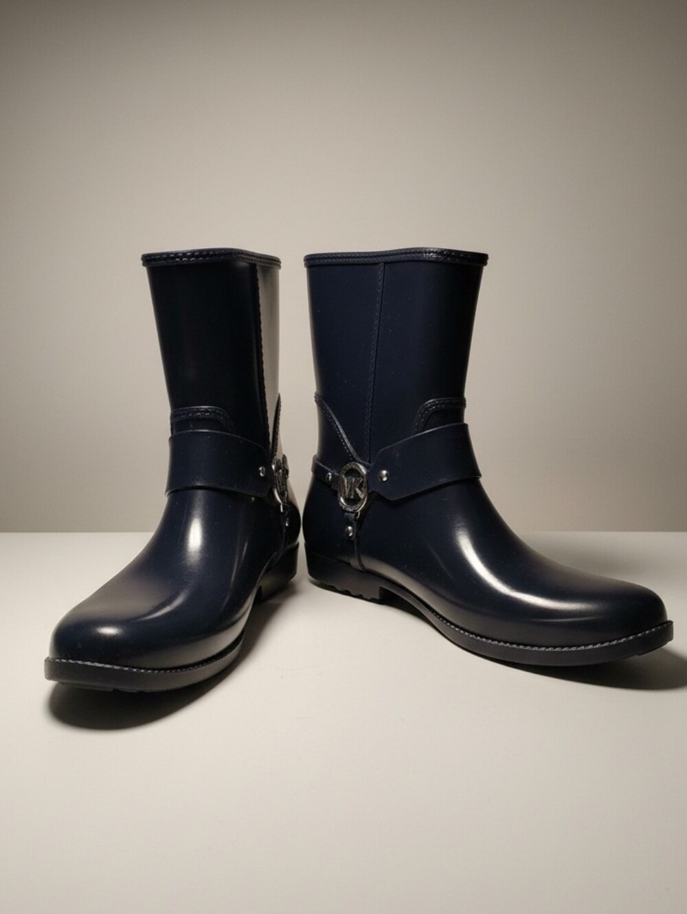 Michael Kors Fulton Harness Rain Booties Navy Blue Rubber MK Logo Riding 11